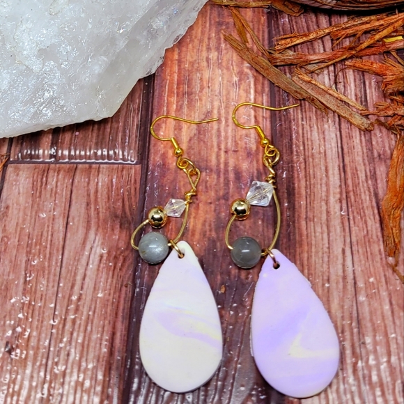 Tear drop Swirly Watercolor Vibes Beaded Wire Earrings - Picture 2 of 3